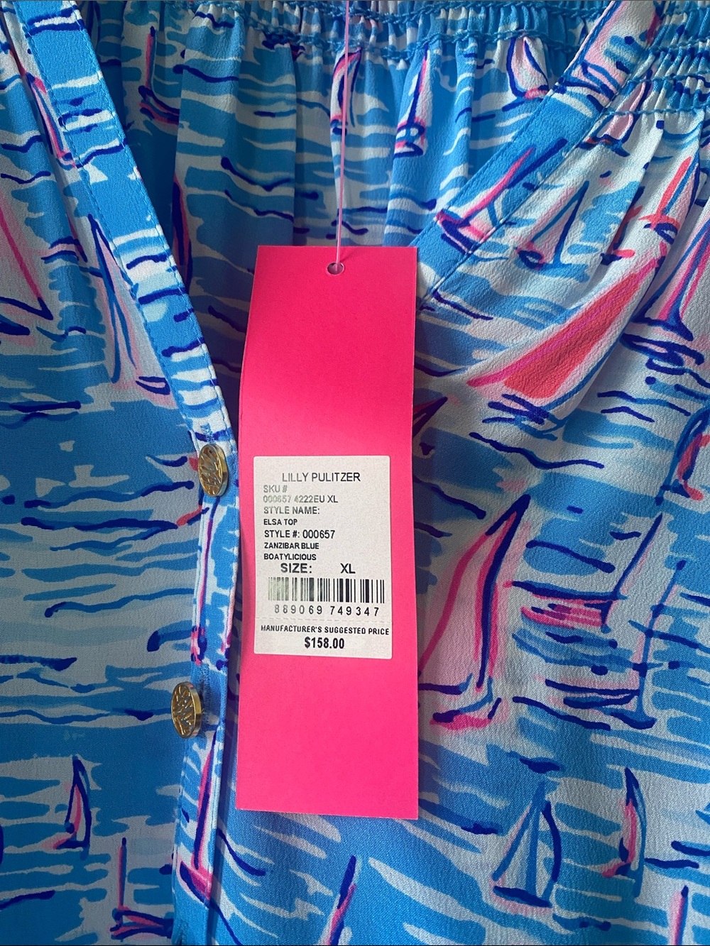 Lilly Pulitzer Blue Sailboat Print Popover Top with Pink Accents - Picture 2 of 3